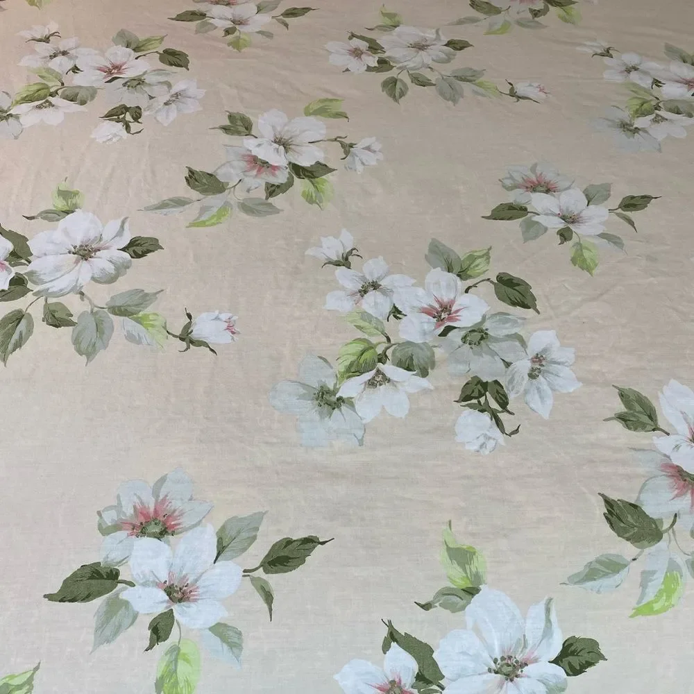 Floral Print Vintage Full sz Cotton Sheet - Cream with White & Green Floral